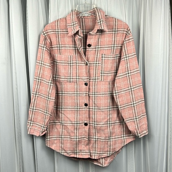Miss Sparkling Button Down Pink White Plaid Silver Buttons Shirt Shacket Women M - Picture 1 of 13